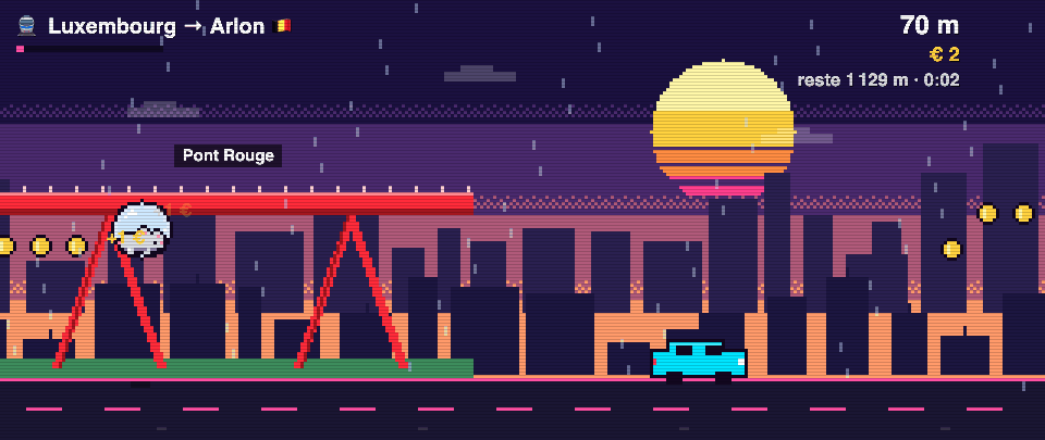 Niveau Frontalier de Rat Race en pixel art : départ de Luxembourg vers Arlon, sous le Pont Rouge