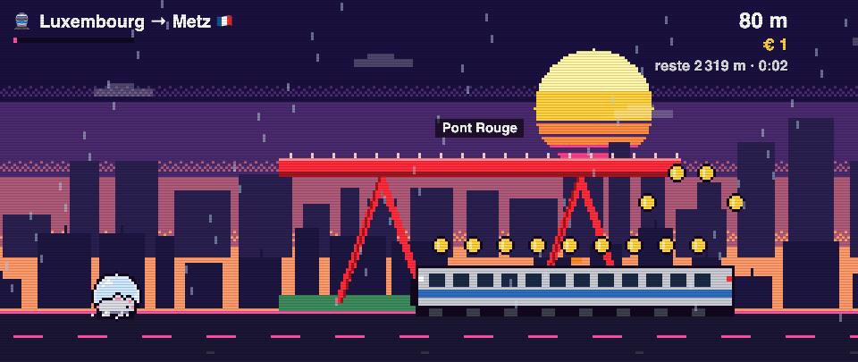 Niveau Frontalier de Rat Race en pixel art : départ de Luxembourg vers Metz, sous le Pont Rouge