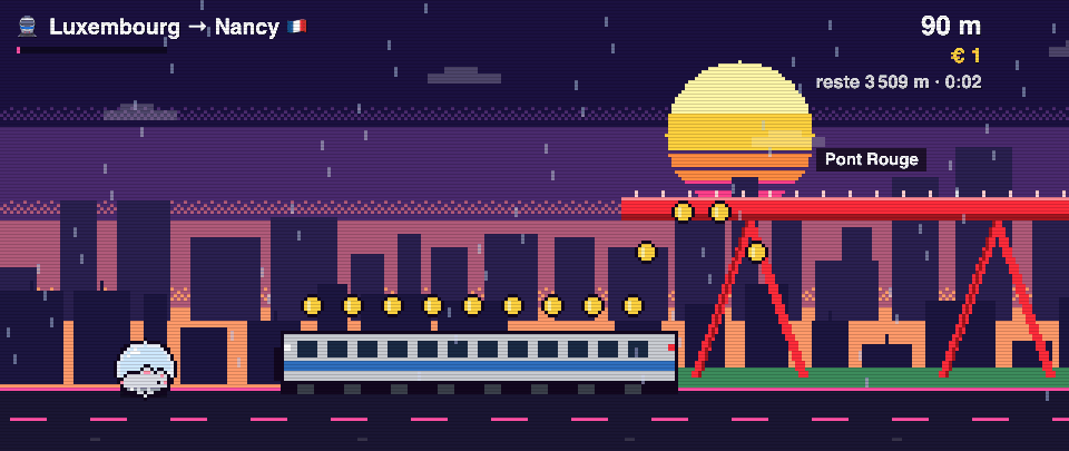 Niveau Frontalier de Rat Race en pixel art : départ de Luxembourg vers Nancy, sous le Pont Rouge
