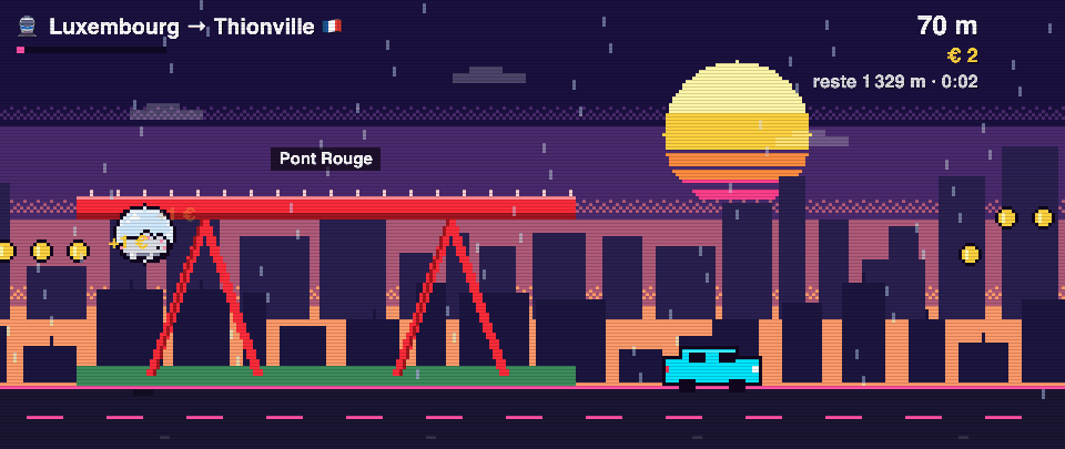Rat Race Commuter level in pixel art: leaving Luxembourg for Thionville, under the Red Bridge