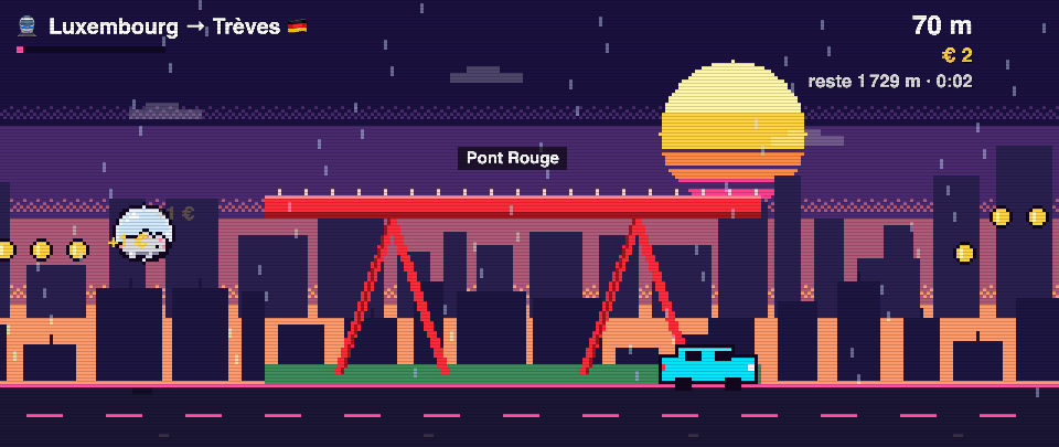 Niveau Frontalier de Rat Race en pixel art : départ de Luxembourg vers Trèves, sous le Pont Rouge