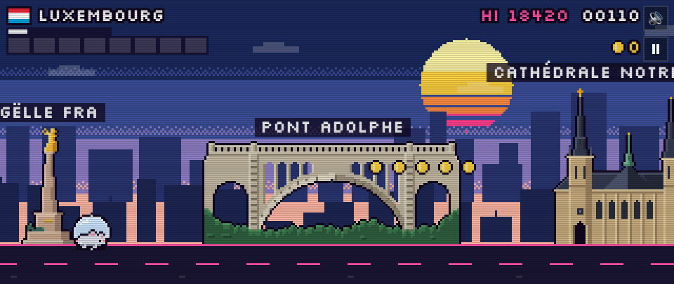 Gëlle Fra, Pont Adolphe et Cathédrale Notre-Dame en pixel art, Rat Race à Luxembourg